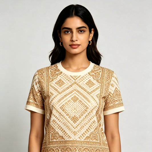 Trendy Indian Ethnic Motif Short‑Sleeve Top Loose Fit Casual T‑Shirt for Women