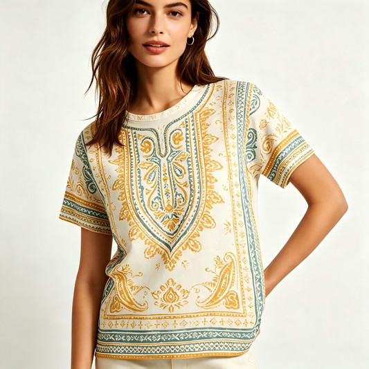 Boho Indian Mandala Printed Crew Neck Tee Loose Fit Casual Top for Ladies